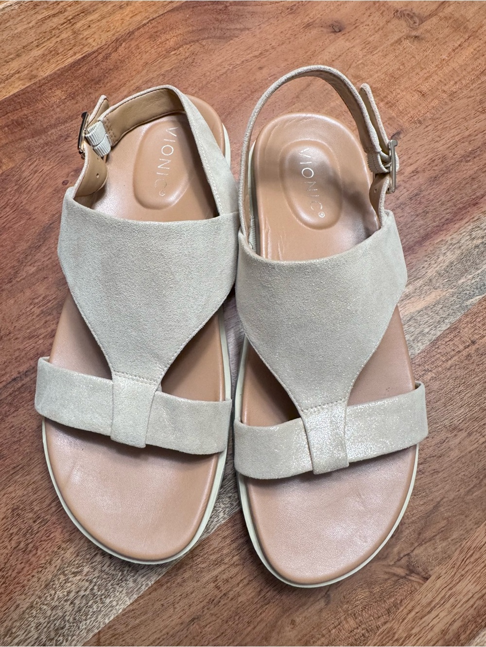 Vionic Beige Suede Open-Toe Slingback Sandals
